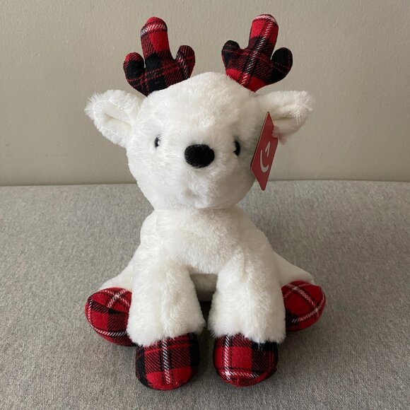 Aurora Red White Black Plaid Hooves Antlers White Holiday Reindeer 10" 2020 - Picture 1 of 13